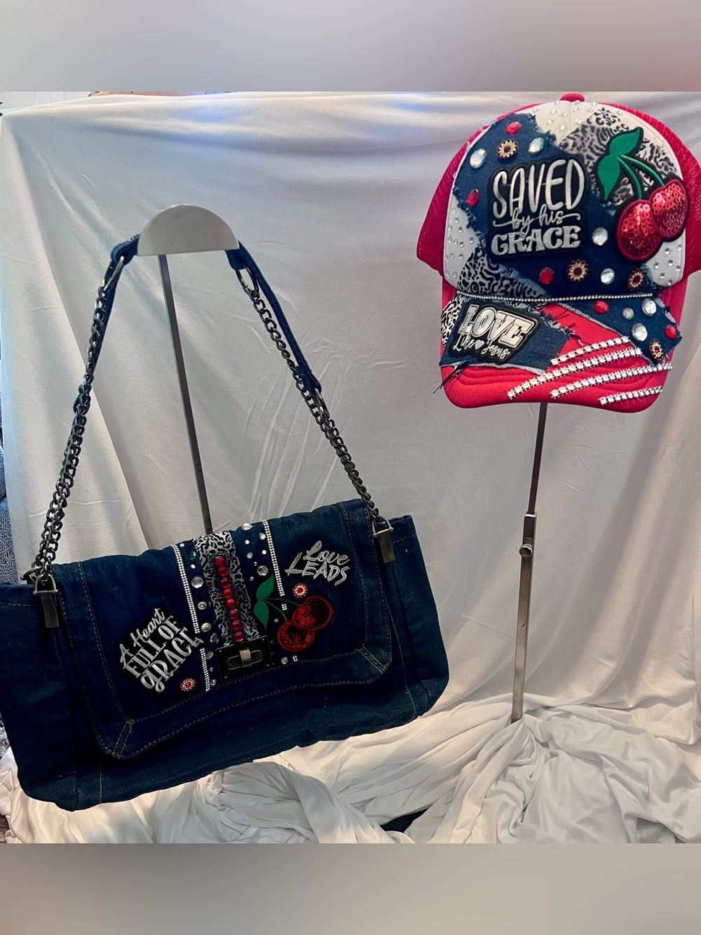 Embellished Denim Shoulder Bag & Embroidered Cherry Cap Set - Navy, Red, White